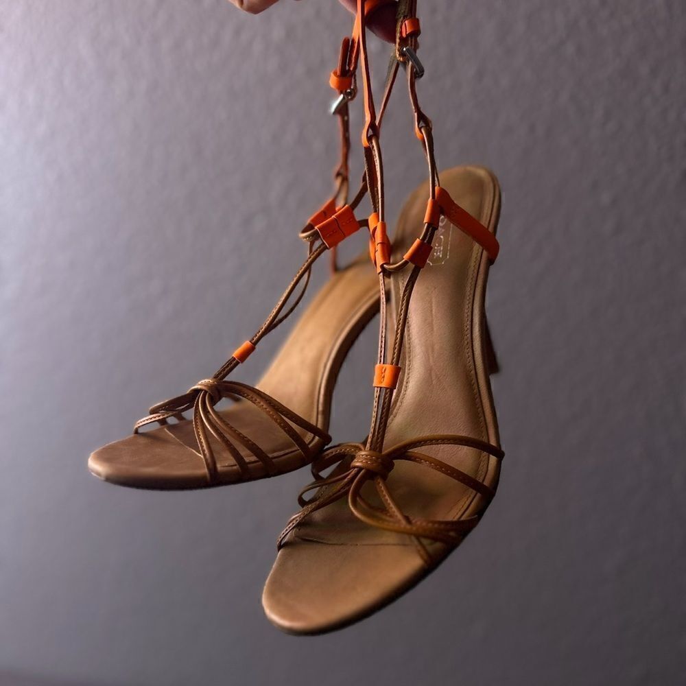 Coach Neon Orange and Tan Lana Vintage Sandal heels9